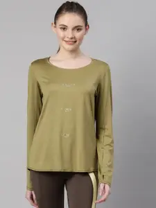 Enamor Women Olive Green Typography Extended Sleeves Antimicrobial T-shirt