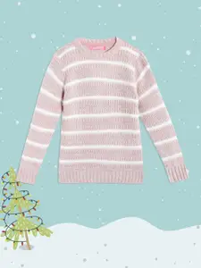 Wingsfield Girls Peach-Coloured & White Striped Pullover