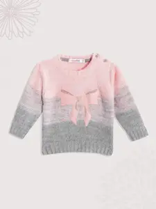 Wingsfield Girls Peach-Coloured & Grey Colourblocked Pullover with Embroidered Detail