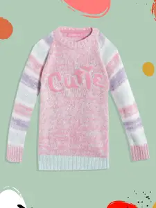 Wingsfield Girls Pink & Blue Typography Printed Acrylic Pullover