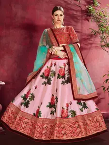 FABPIXEL Pink & Green Embroidered Semi-Stitched Lehenga & Unstitched Blouse With Dupatta