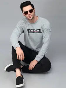 Rigo Men Grey Printed Round Neck Fleece Sweatshirt