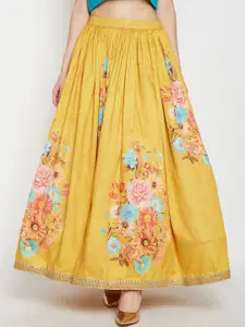 Be Indi Women Mustard-Yellow & Blue Printed Flared Skirt