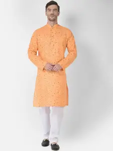 SG LEMAN Men Orange Printed Pure Cotton Kurta with Trouser