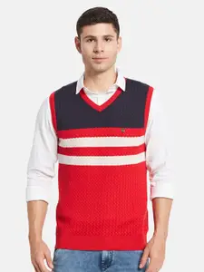 Monte Carlo Men Red & Blue Colourblocked  Cotton Sweater Vest
