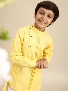 Sanwara Boys Yellow Pleated Detail Mandarin Collar Long Sleeves Cotton Angrakha Kurta