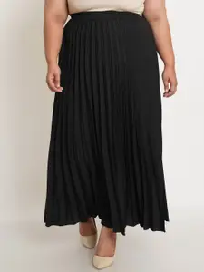 U&F Women Plus Size Black Solid Pleated Maxi Skirt