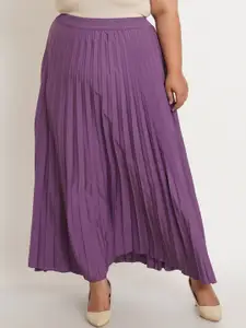 U&F Women Plus Size Purple Solid Pleated Maxi Skirt
