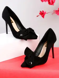 Flat n Heels Black Suede Party Stiletto Pumps with Bows