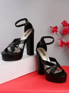 Flat n Heels Women Black Block Sandals with Tassels