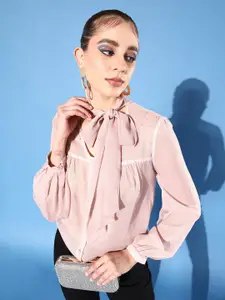 SHECZZAR Pink Tie-Up Neck Studded Sheer Georgette Shirt Style Top