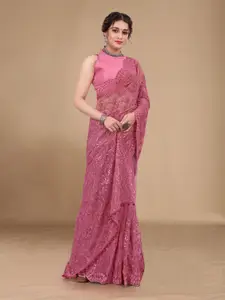 VAIRAGEE Pink & Silver-Toned Floral Embroidered Net Saree