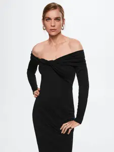 MANGO Black Off-Shoulder Sheath Sustainable Midi Dress
