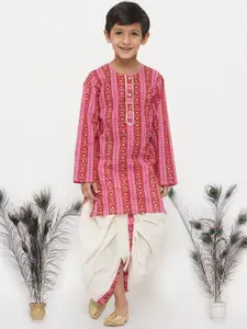 Little Bansi Boys Pink Printed Pure Cotton Kurta with Dhoti Pant