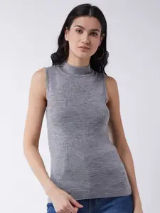 RVK Women Grey Ribbed Sweater Vest
