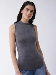 RVK Women Grey Melange Ribbed Acrylic Pullover Sweater