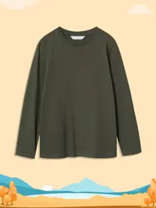 Mango Kids Boys Olive Green Drop-Shoulder Sleeves Sustainable Cotton T-shirt