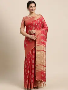 Satrani Red & Gold-Toned Woven Design Zari Silk Cotton Saree