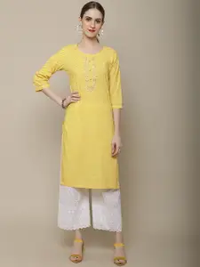 Sangria Women Yellow & White Embroidered Cotton Straight Kurta