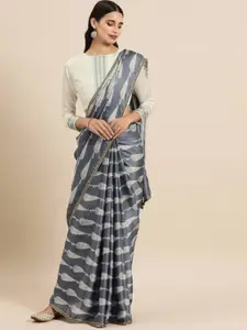 Sangria Blue & White Printed Satin Saree