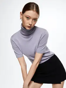 MANGO Women Lavender Turtle Neck Knitted Pullover