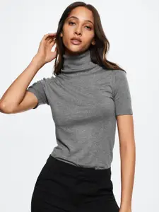MANGO Women Charcoal Grey Solid Sweater
