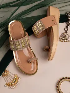 Trendigo Women Tan Embellished Ethnic Wedge Sandals