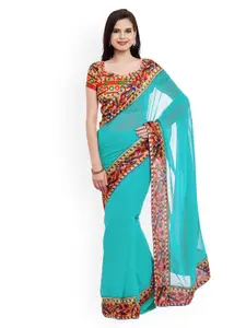 Chhabra 555 Turquoise Blue Dyed Poly Georgette Saree