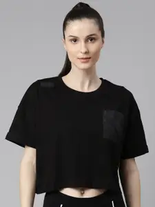 FILA Women Black Drop-Shoulder Sleeves Organic Cotton T-shirt