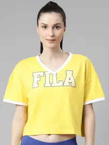 FILA Women Yellow Typography Printed V-Neck Drop-Shoulder Sleeves Organic Cotton T-shirt