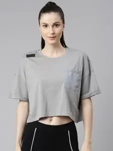 FILA Women Grey & Black Drop-Shoulder Sleeves Organic Cotton T-shirt