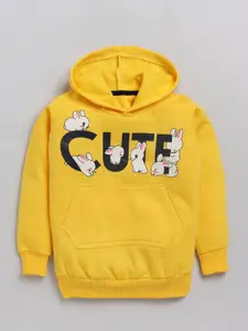 YK Girls Yellow Bunny and Typography Printed Hooded Fleece Sweatshirt with Pocket