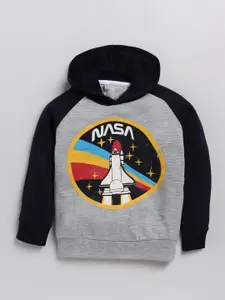YK Boys Grey Melange NASA Space Rocket Printed Hooded Sweatshirt