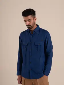 Andamen Men Blue Solid Linen Casual Shirt