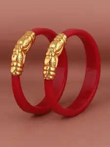 LUCKY JEWELLERY Red & Gold-Toned Sankha & Bengali Pola Traditional Bangles
