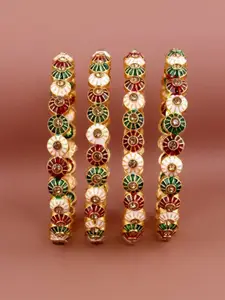 LUCKY JEWELLERY Set Of 4 18K Gold-Plated Green & Red Stone Studded Traditional Bangles