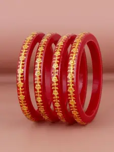 LUCKY JEWELLERY Set Of 4 Red & Gold-Toned Sankha & Bengali Pola Traditional Bangles