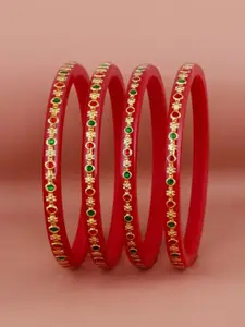 LUCKY JEWELLERY Set Of 4 Red & Gold-Toned Sankha & Bengali Pola Traditional Bangles