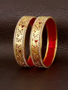 LUCKY JEWELLERY Set Of 2 18K Gold Plated Maroon & White Stone Studded Traditional Bangle
