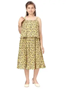 Aarika Aarika Girls Yellow & Brown Floral Georgette A-Line Midi Dress