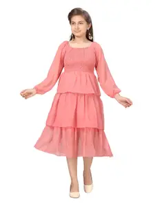 Aarika Aarika Girls Peach-Coloured Layered & Smocked Georgette Midi Dress