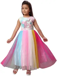 Aarika Girls Pink & White Embellished Net Maxi Dress