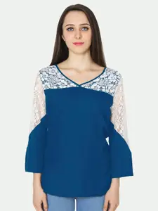 PATRORNA Women Blue & White V-Neck Self Design Cotton Blend Top