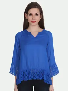 PATRORNA Women Blue Solid V-Neck Cotton Blend Top