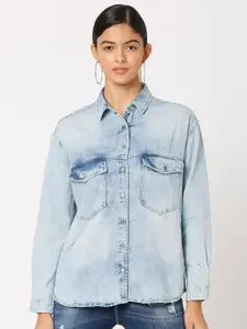 SPYKAR Women Blue Slim Fit Faded Casual Shirt