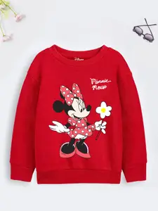 YK Disney Teen Girls Red Disney Minnie Mouse Printed Cotton Pullover Sweatshirt