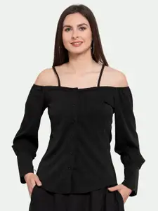 PATRORNA Plus Size Women Black Solid Shoulder Strap Long Sleeves Top