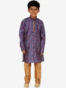 Pro-Ethic STYLE DEVELOPER Boys Floral Printed Pure Silk Straight Kurta with Churidar