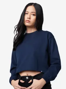 The Souled Store Women Navy Blue Solid Crop Oversized Sweatshirt