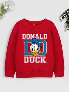YK Disney Teen Boys Red Donald Duck with Varsity Typography Printed Sweatshirt